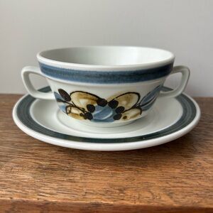 Stavangerflint Norway SENJA, hand painted stoneware bullion/soup cup saucer